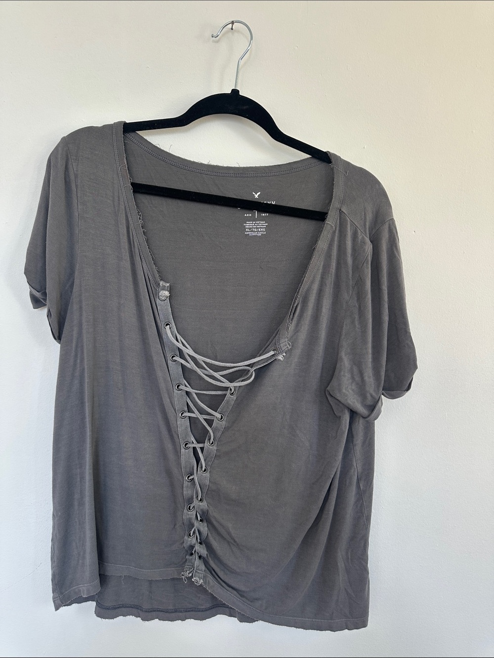 American Eagle Outfitters Lace-Up Scoop Short Sleeve Top - Gray